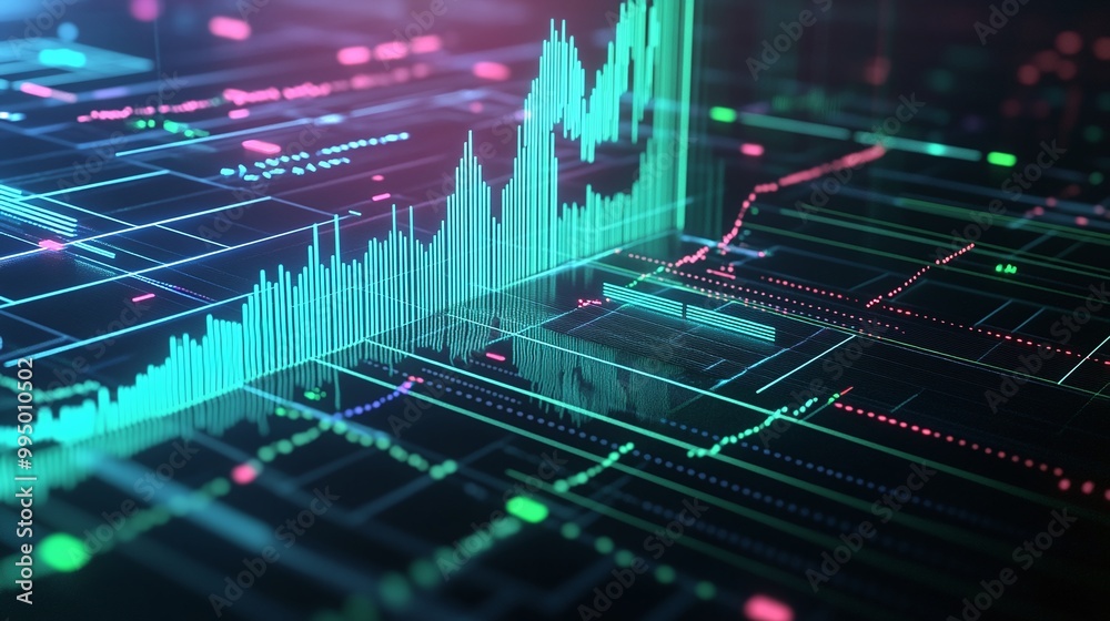 Poster abstract digital graph displaying data analytics and financial trends in vibrant colors on a futuris