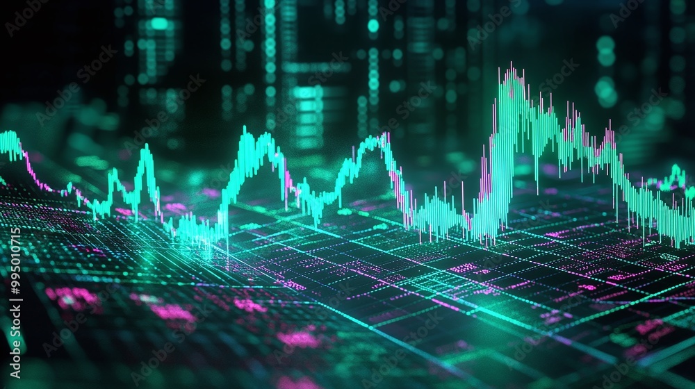 Poster abstract digital graph representing financial data analysis with vibrant colors and dynamic patterns