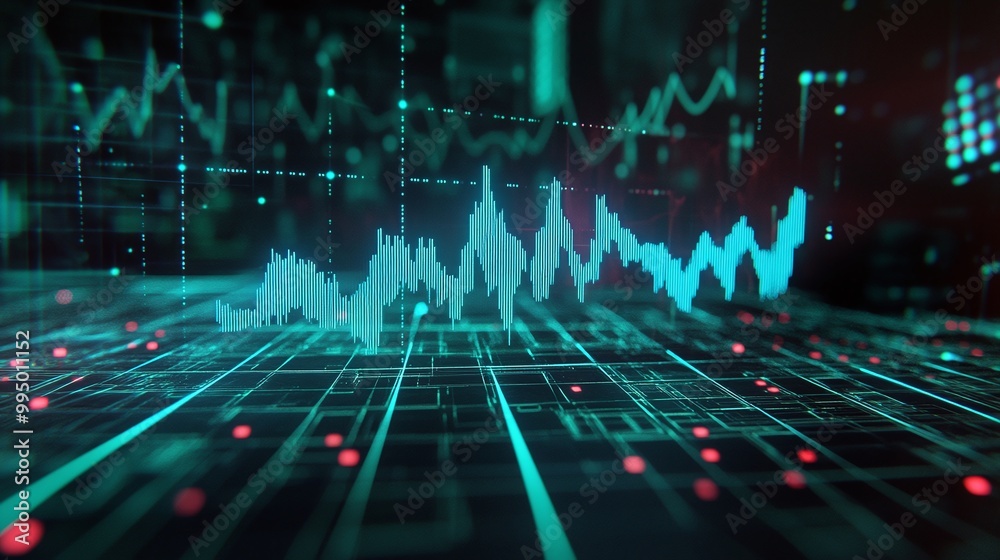 Poster abstract digital graph visualization on a dark background showcasing data trends and fluctuations.