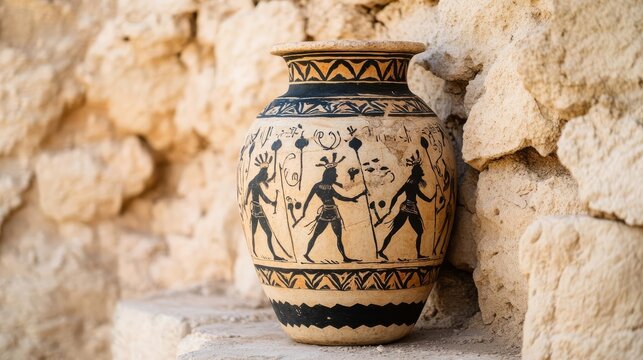 Etruscan ancient jar with charioteer designs, leaning against crumbling stone walls