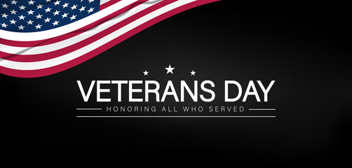 Background featuring the American flag with white text commemorating Veterans Day in a patriotic design