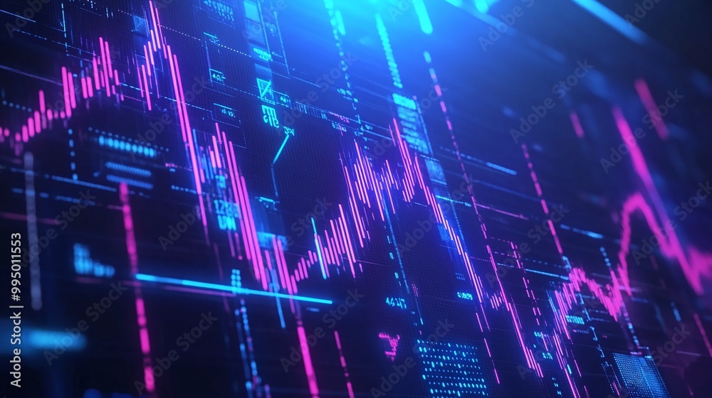 Poster abstract digital graph with colorful lines and data visualizations in a futuristic style.