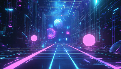 Obraz premium A retro-futuristic design with neon grids, VHS glitches, and pixelated elements, taking inspiration from 80s sci-fi movies and video games