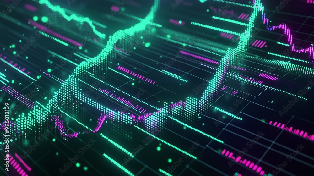 Poster abstract digital graph with vibrant colors representing data trends and analytics on a dark backgrou