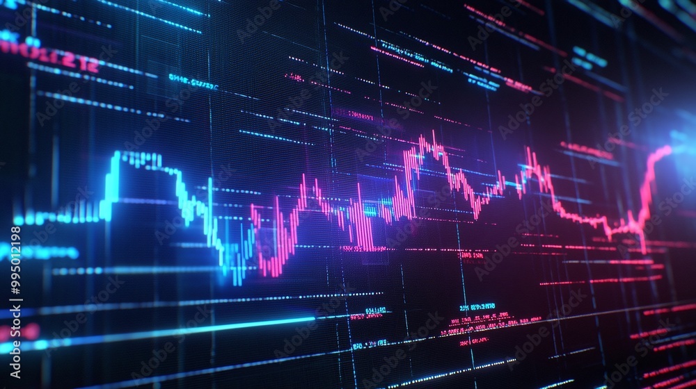 Poster abstract digital graph with vibrant lines, representing data trends and analysis on a dark backgroun