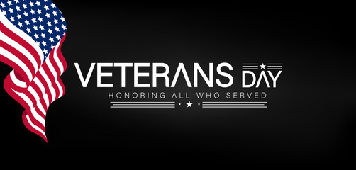 Background featuring the American flag with white text commemorating Veterans Day in a patriotic design