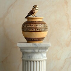 Greek ancient jar with Athena's owl, resting on a marble column, early morning light