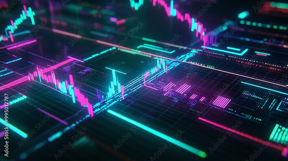Poster abstract digital interface with colorful graphs and data visualization elements against a dark backg