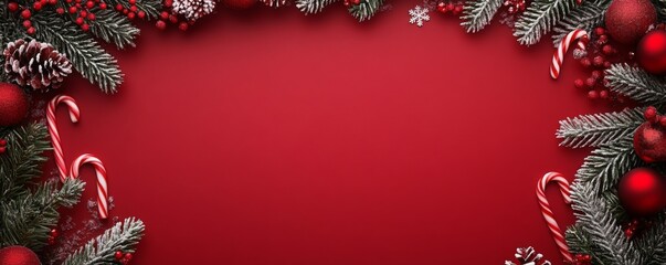 キャンディーケーンで飾られた赤いクリスマスの背景