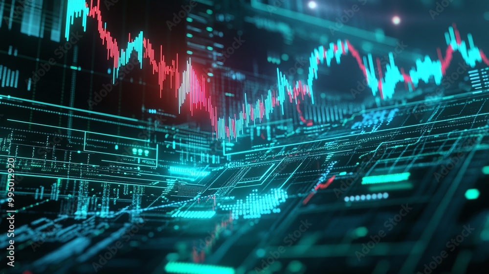 Poster abstract digital interface with glowing data charts and graphs representing market statistics and fi