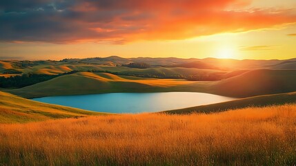 Obraz premium A vibrant sunset over rolling hills with golden fields replacing the forest and a shimmering turquoise lake reflecting the fiery orange sky