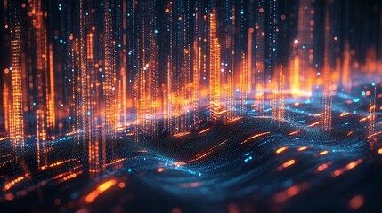 Fototapeta premium Abstract digital landscape featuring vibrant orange and blue lights, representing data flow and connectivity.