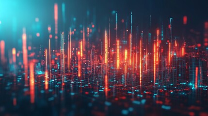 Fototapeta premium Abstract digital landscape with colorful glowing lines and particles in vibrant hues on a dark background.