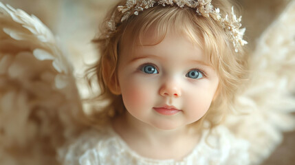 Fototapeta premium A young girl with blonde hair and blue eyes looks up with an innocent expression, wearing a white dress and a delicate crown.
