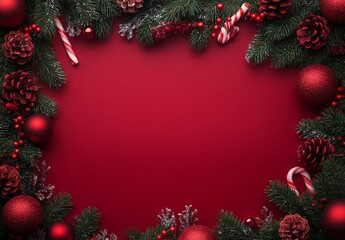 キャンディーケーンで飾られた赤いクリスマスの背景