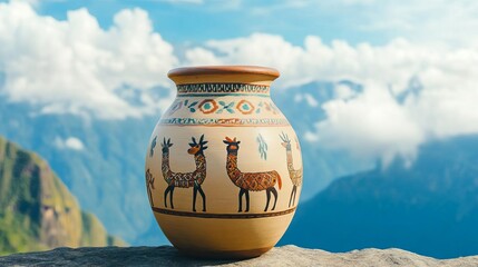 Incan ancient jar with llama designs, high altitude, clouds drifting around
