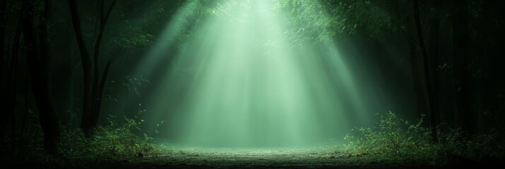 A mystical green forest bathed in ethereal light, creating an enchanting atmosphere. Lush foliage frames a path illuminated by sunlight, symbolizing hope, mystery, and the beauty of nature.