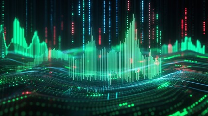 Abstract digital sound waves in vibrant green and blue tones with pulsating light effects.