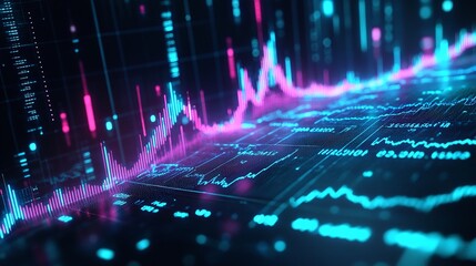 Abstract digital stock market analytics with neon colors and fluctuating graphs on a dark background.