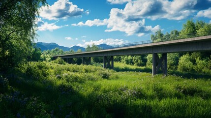 Fototapeta premium A picturesque concrete overpass bridge stretches across a verdant valley, showcasing the beauty of nature and infrastructure harmony.