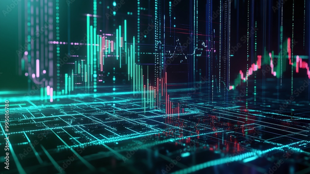Poster abstract digital technology background with colorful financial graphs and data visualization.