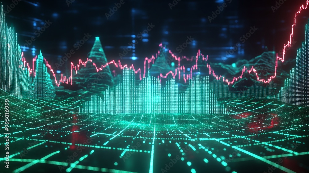 Poster abstract digital technology visualization with glowing graphs and data analytics in vibrant colors.