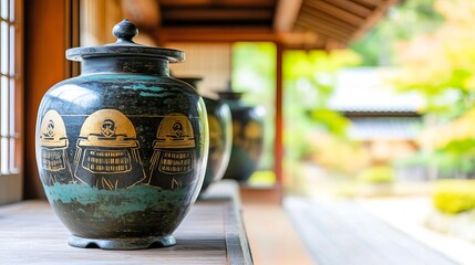 Japanese ancient jar with samurai helmet designs, displayed in a traditional tea house
