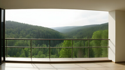 Fototapeta premium Hotel balcony room with panoramic windows, overlooking a serene forest landscape. Bright and spacious terrace with natural sunlight.