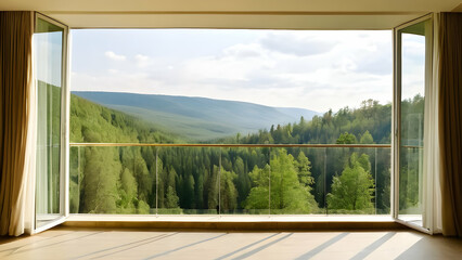 Open terrace room with panoramic forest views and sunlight, creating a tranquil atmosphere. Ideal for travel and relaxation mockups.