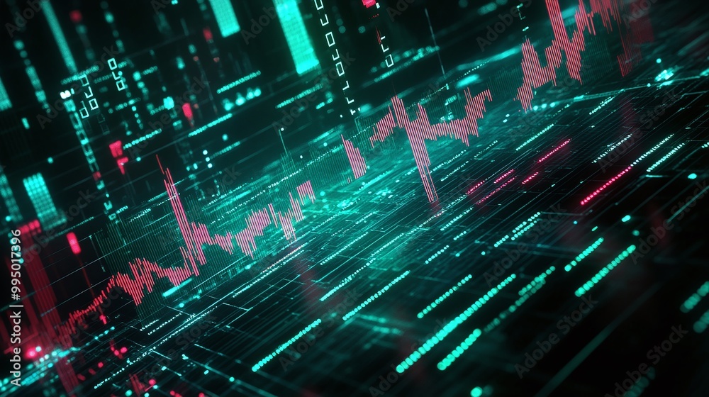 Poster abstract digital visualization of data analytics with vibrant colors and dynamic charts.