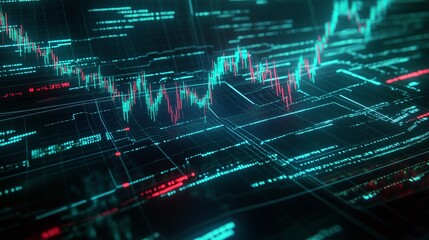 Abstract digital trading charts showcasing data visualization with vibrant colors and fluctuating graphs on a dark background.