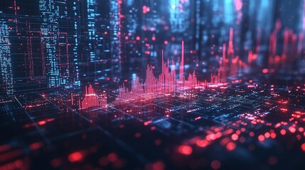 Fototapeta premium Abstract digital visualization of data analysis with vibrant glowing peaks and valleys illustrating statistics and trends.