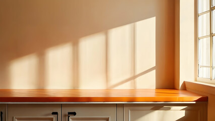 Bright orange kitchen tabletop against a wall panel backdrop, ideal for advertising.
