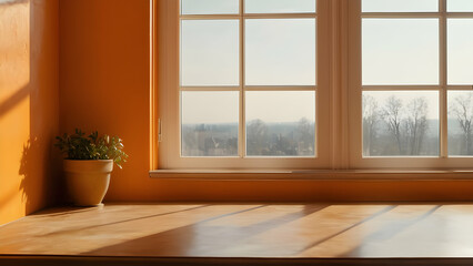 Orange kitchen tabletop with classic wall panels, perfect for product presentations.
