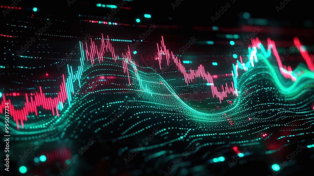 Poster abstract digital visualization of data trends with colorful graphs and wave patterns on a dark backg