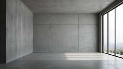 Fototapeta premium Minimalist interior with gray concrete wall, for presentation displays.