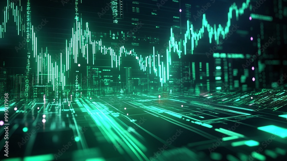 Poster abstract digital visualization with green data lines and graphs representing financial growth and an