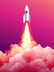 A rocket blasts off through pink clouds, symbolizing the start of a new marketing campaign, growth, success, and reaching new heights.