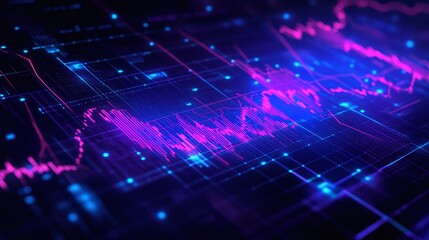 Obraz premium Abstract digital visualization with vibrant pink and blue lines representing data trends on a dark background.