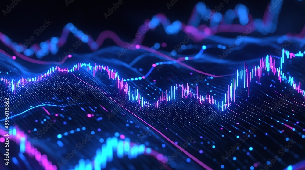 Poster abstract digital wave forms representing data trends and analytics on a dark background.