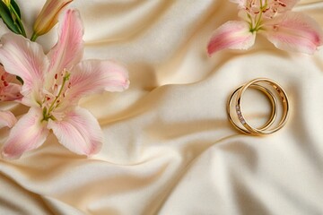 Two gold engagement rings and pink astromeria flower on a beige satin background. Wedding background. generative ai