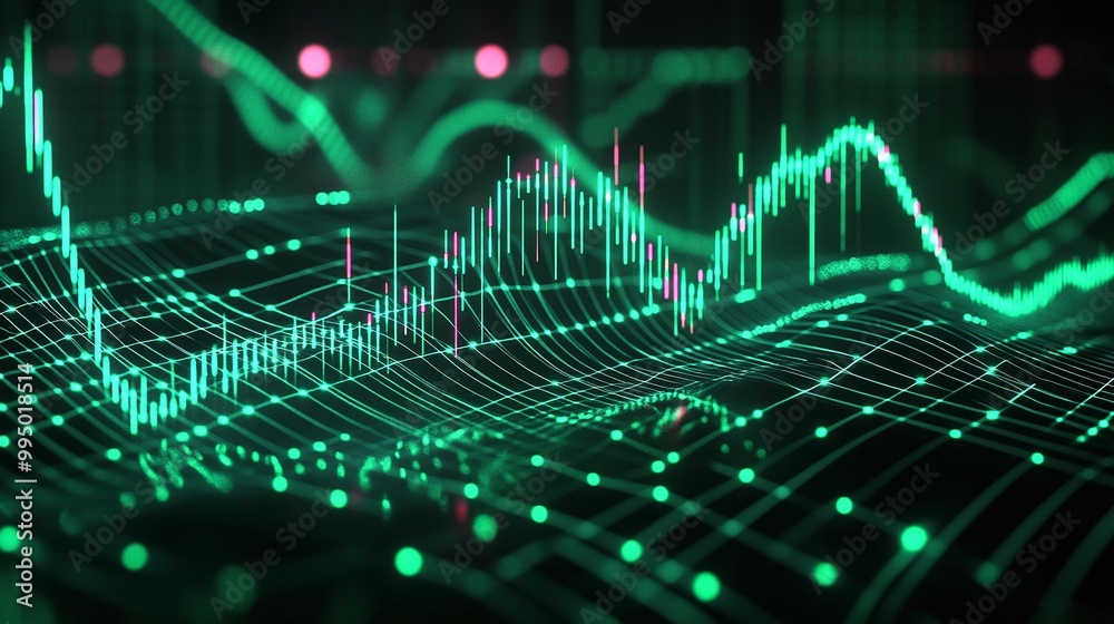 Poster abstract digital wave graph with green lines and data visualization elements on a dark background.