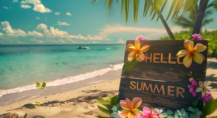 Tropical Beach Scene with 'Hello Summer' Sign
