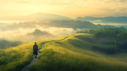 A serene landscape with a person walking through lush green hills at sunrise.
