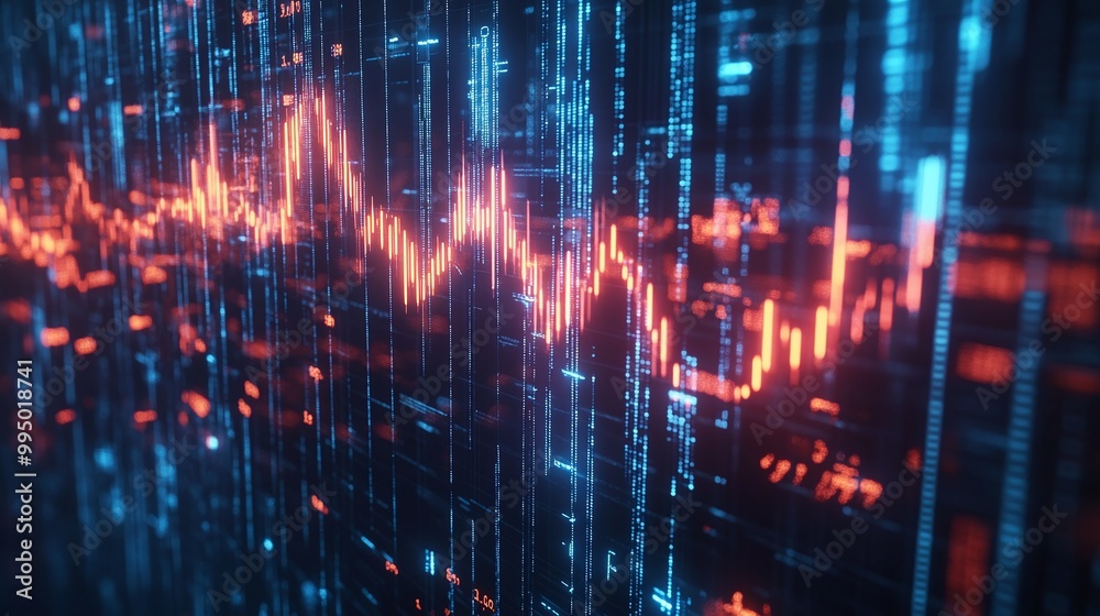 Poster abstract digital wave pattern in vibrant colors with glowing lines representing data visualization.