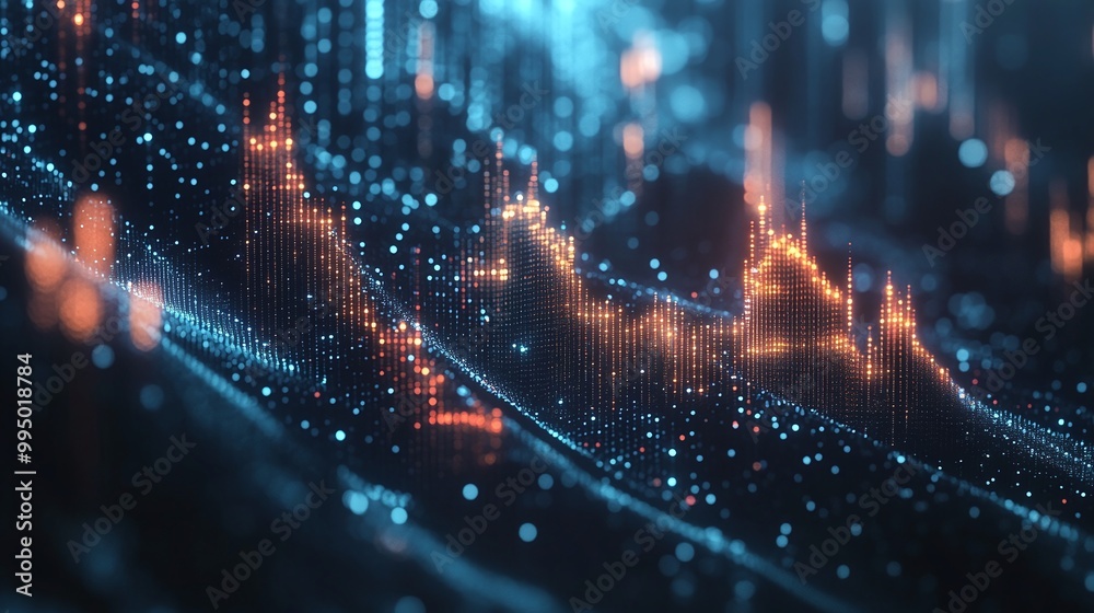 Poster abstract digital wave pattern with bright glowing particles representing data flow.