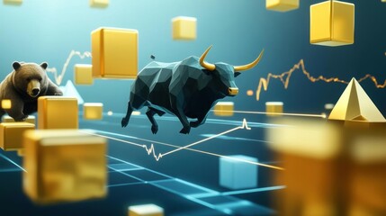Dynamic stock market concept featuring a bull and bear amidst rising graphs and golden cubes, symbolizing market trends.