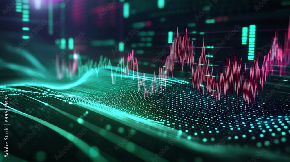 Poster abstract digital wave pattern with vibrant colors and data visualization elements.