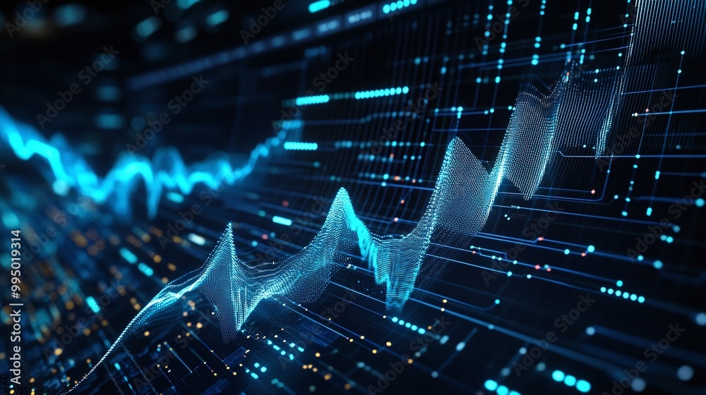 Poster abstract digital wave patterns in blue with glowing dots on a dark background, representing data vis