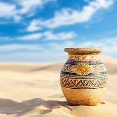 Mesopotamian ancient jar with sun god Shamash, half-buried in desert sands